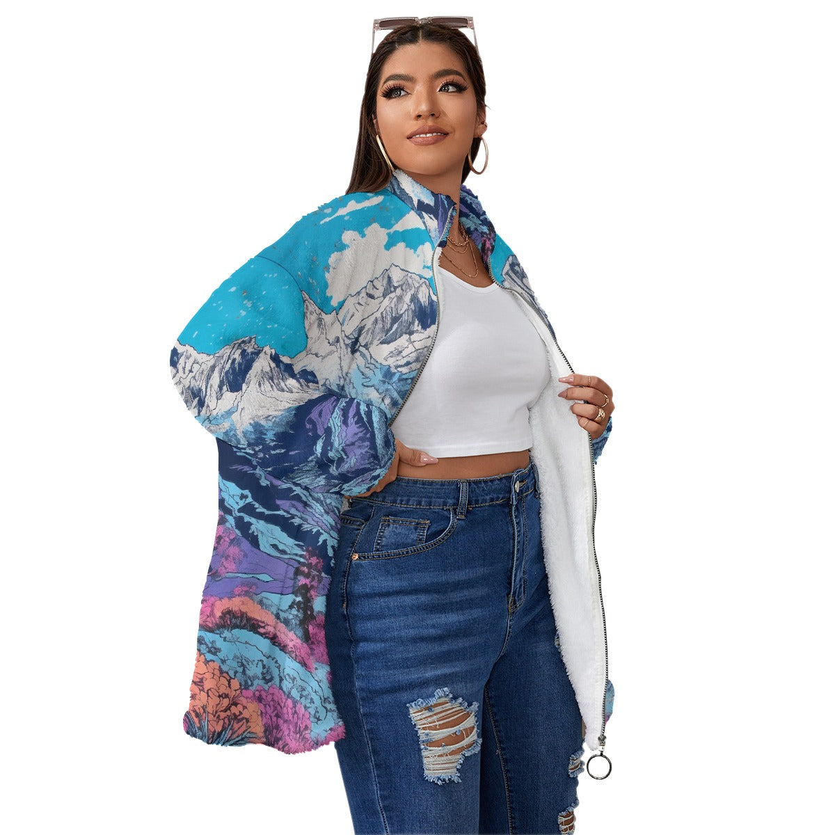 All-Over Print Unisex Borg Fleece Stand-up Collar Coat With Zipper Closure(Plus Size)