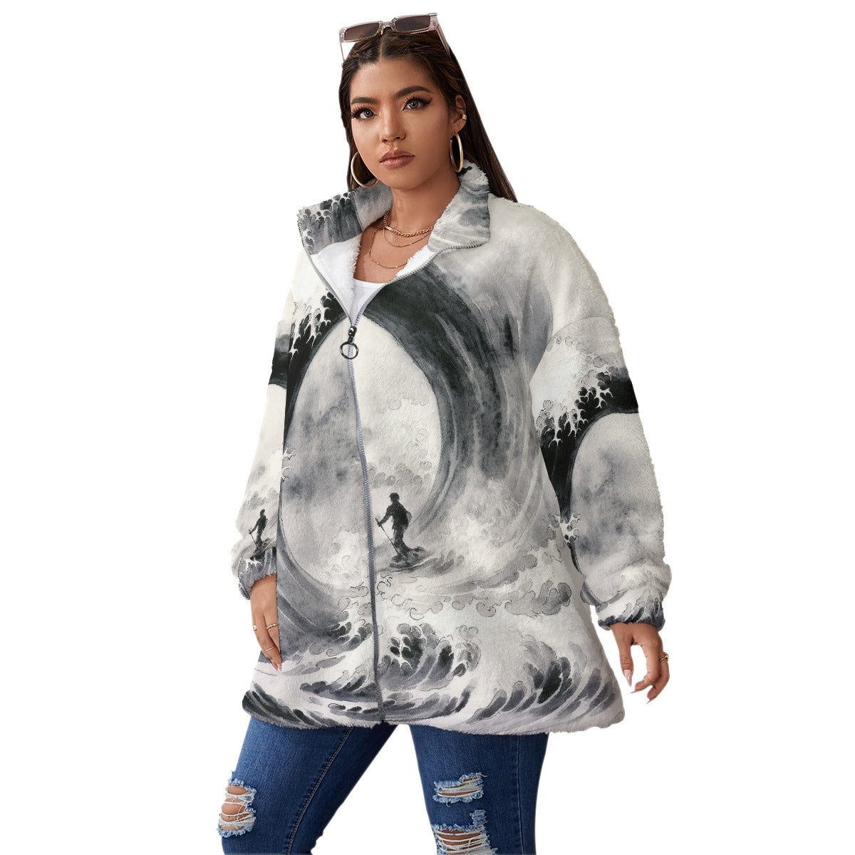 All-Over Print Unisex Borg Fleece Stand-up Collar Coat With Zipper Closure(Plus Size)