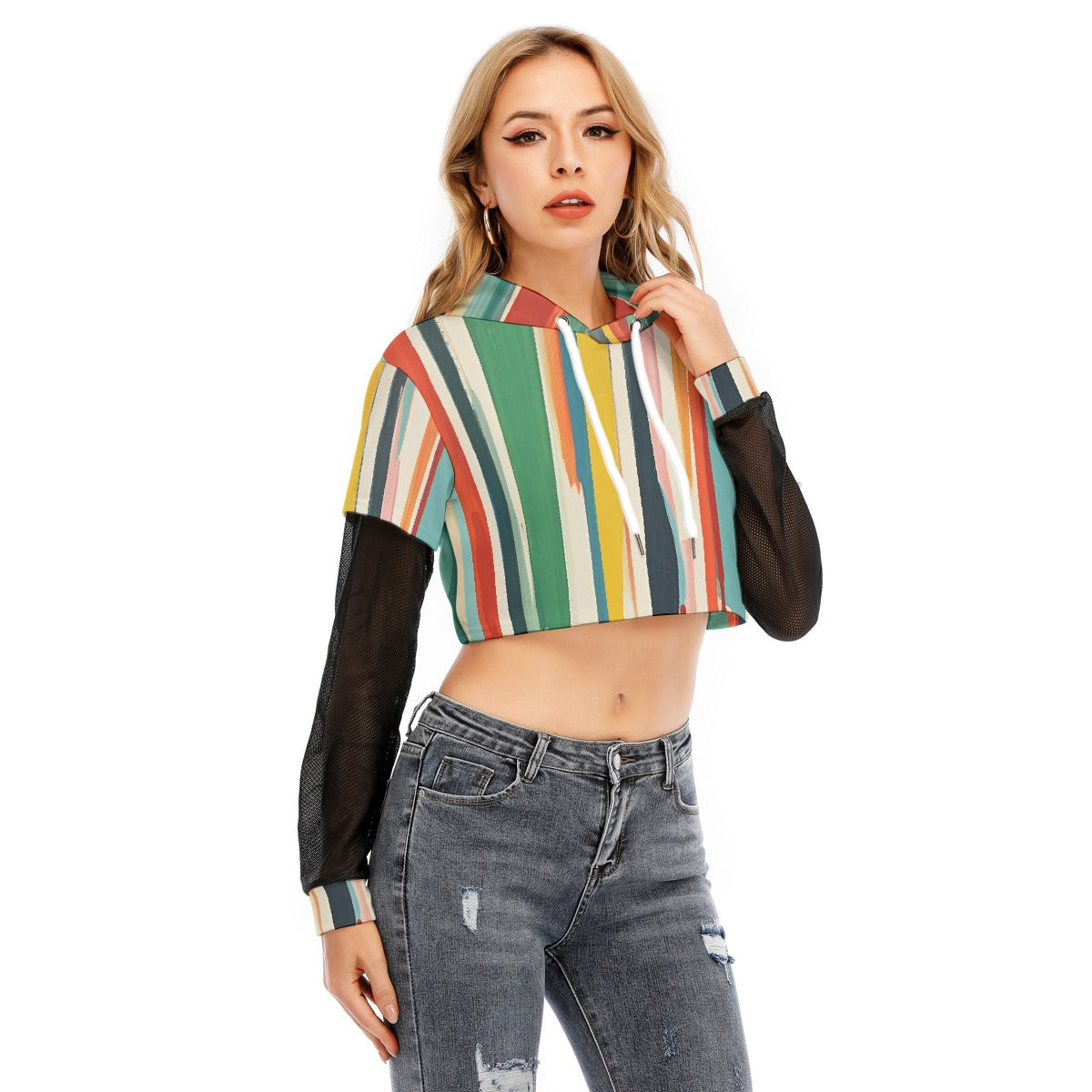 All-Over Print Women's Fake Two-piece Mesh Sleeve Cropped Hoodie