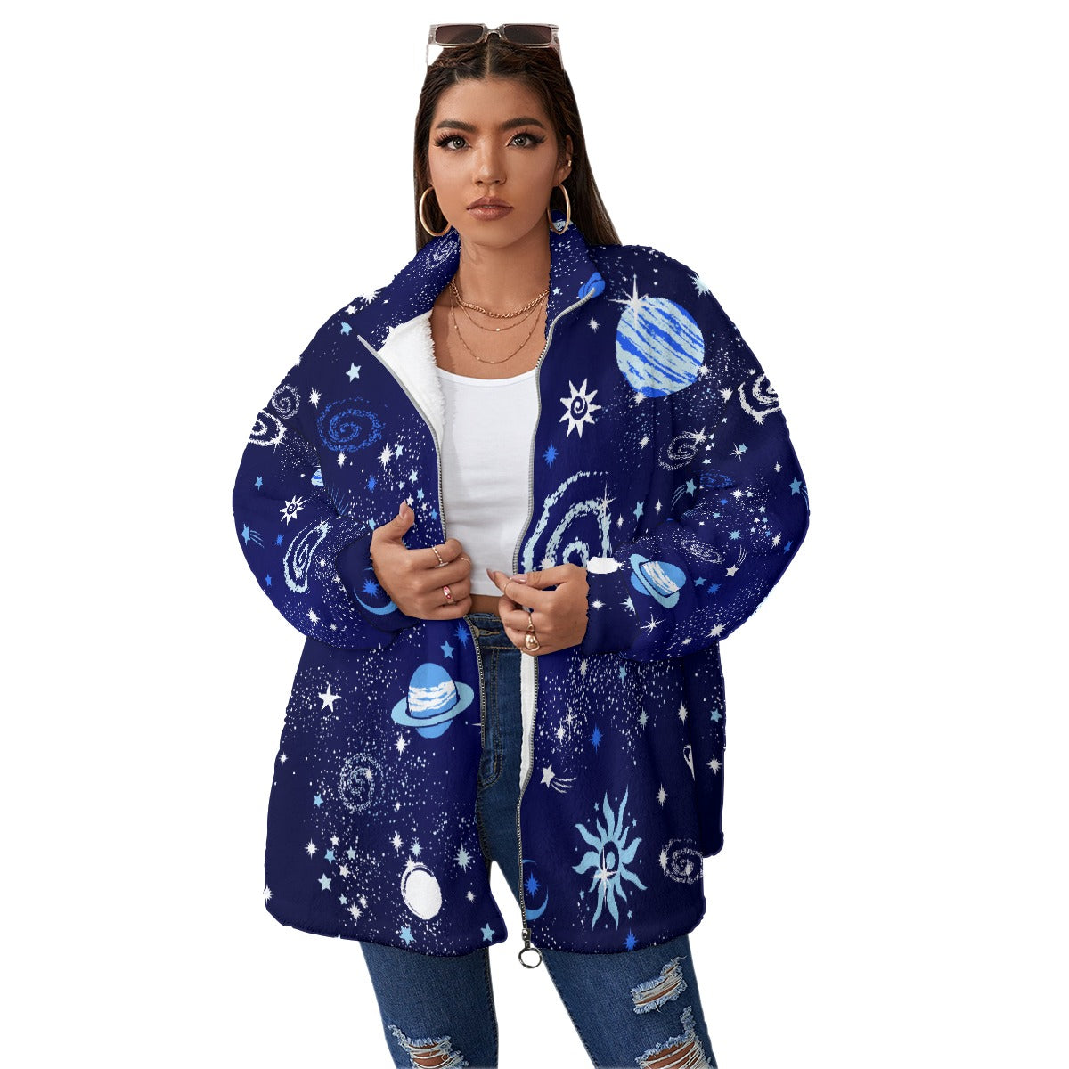 All-Over Print Unisex Borg Fleece Stand-up Collar Coat With Zipper Closure(Plus Size)