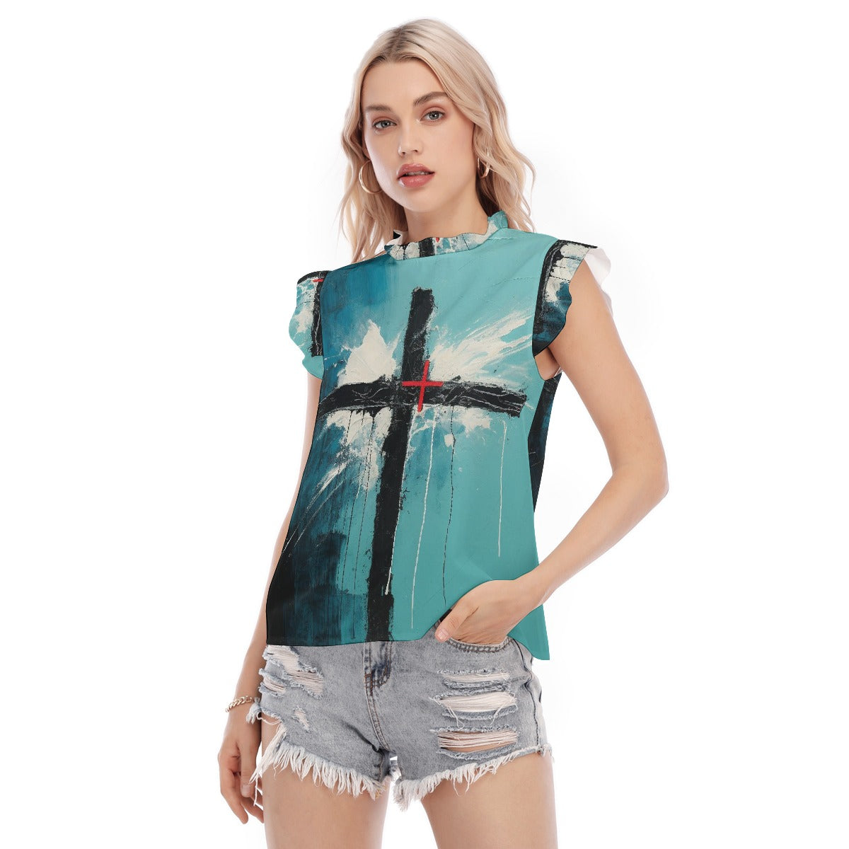 All-Over Print Women's Blouse With Ruffle Collar And Sleeve