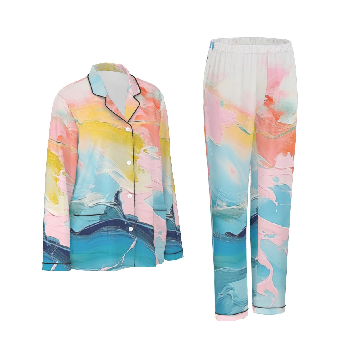 All-Over Print Women's Long Sleeve Pajama Set With Black Contrast Piping