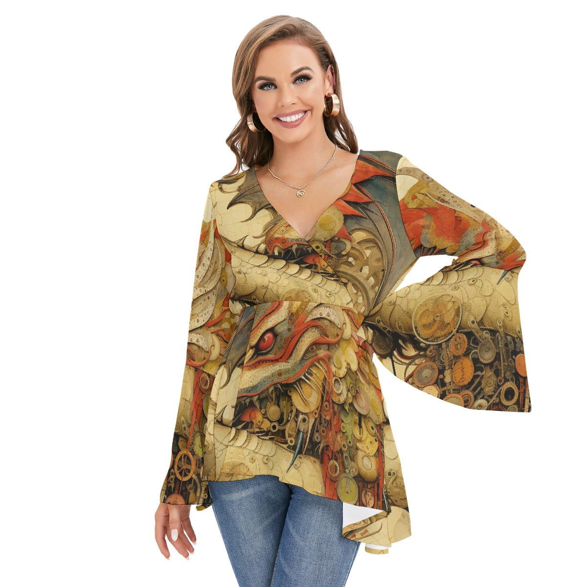All-Over Print Women's V-neck Blouse With Flared Sleeves