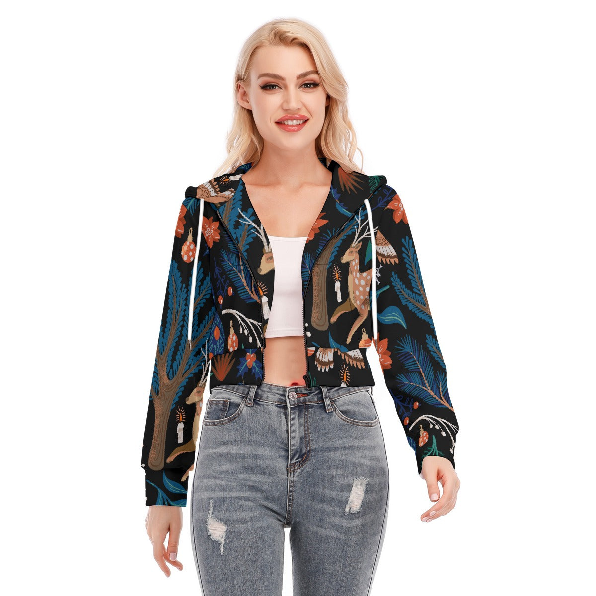 All-Over Print Women's Crop Top Hoodie With Zipper Closure