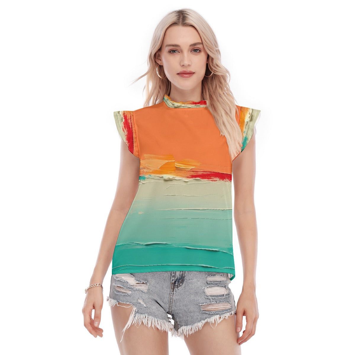 All-Over Print Women's Blouse With Ruffle Collar And Sleeve