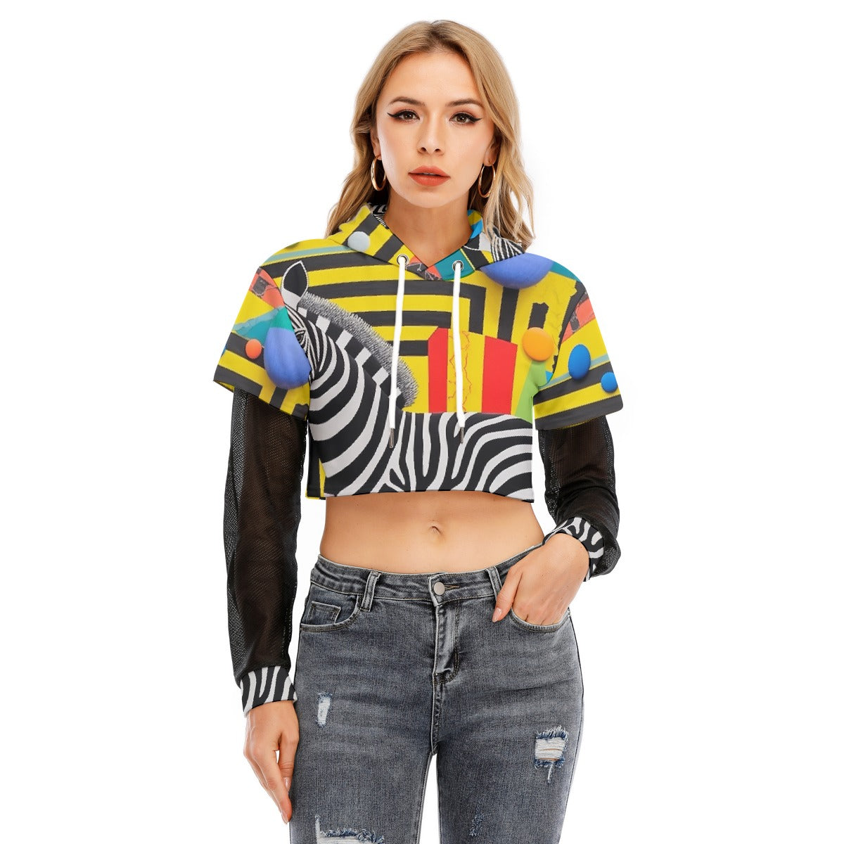 All-Over Print Women's Fake Two-piece Mesh Sleeve Cropped Hoodie