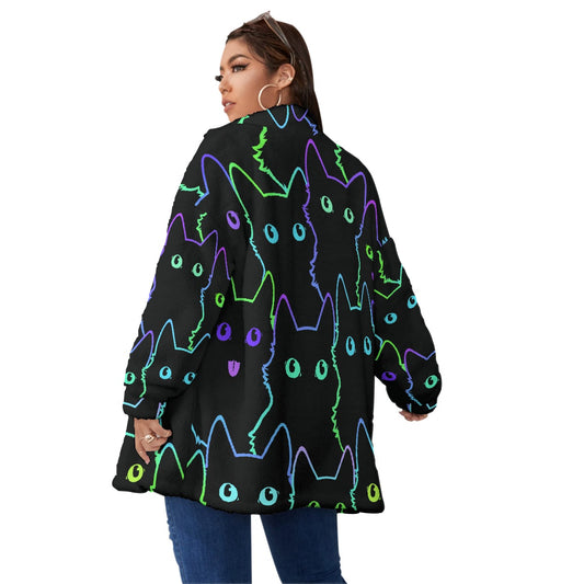 All-Over Print Unisex Borg Fleece Stand-up Collar Coat With Zipper Closure(Plus Size)