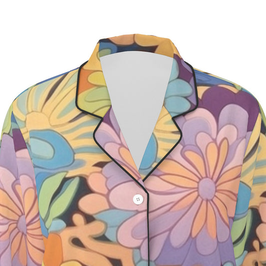 All-Over Print Women's Long Sleeve Pajama Set With Black Contrast Piping