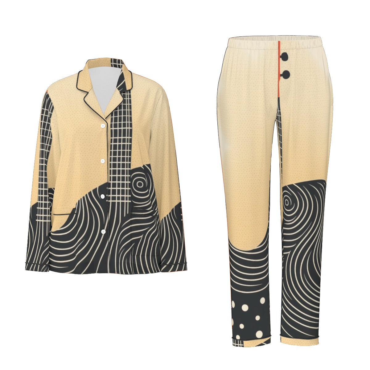 All-Over Print Women's Long Sleeve Pajama Set With Black Contrast Piping