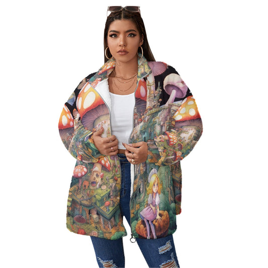 All-Over Print Unisex Borg Fleece Stand-up Collar Coat With Zipper Closure(Plus Size)