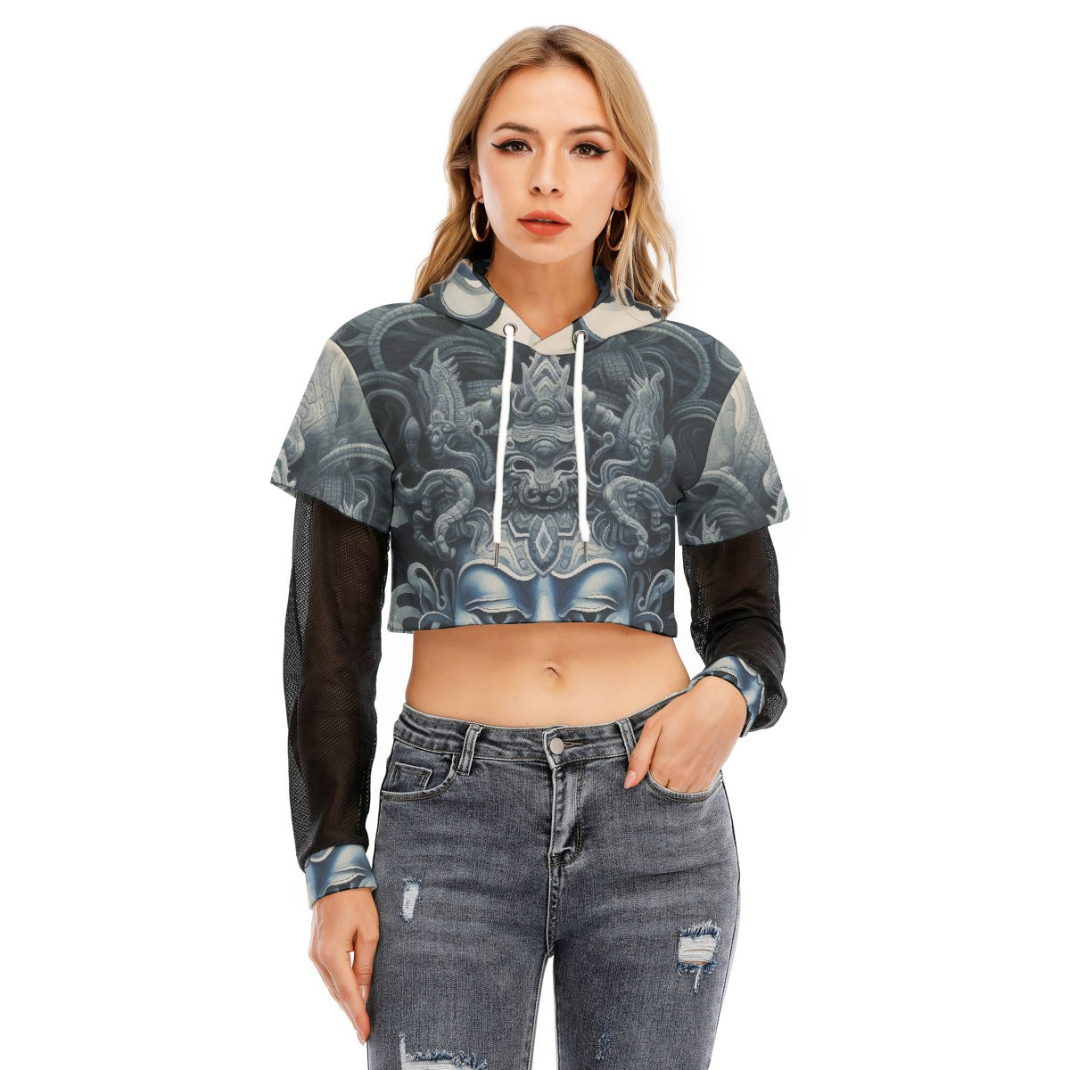 All-Over Print Women's Fake Two-piece Mesh Sleeve Cropped Hoodie