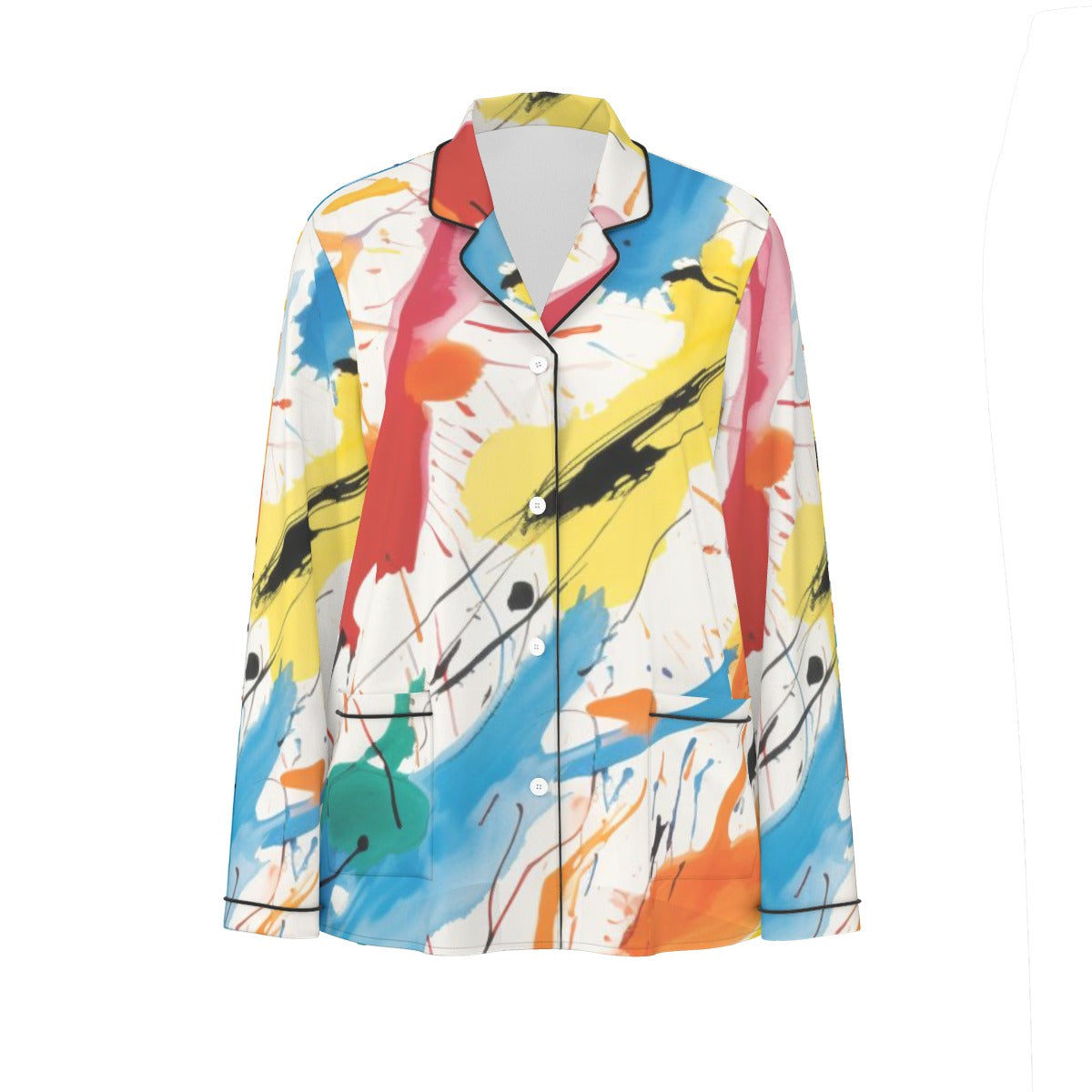 All-Over Print Women's Long Sleeve Pajama Set With Black Contrast Piping