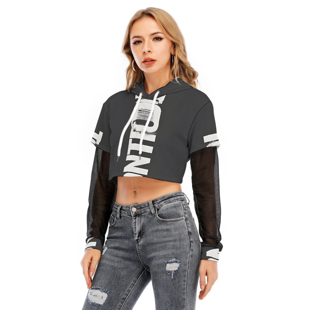 All-Over Print Women's Fake Two-piece Mesh Sleeve Cropped Hoodie