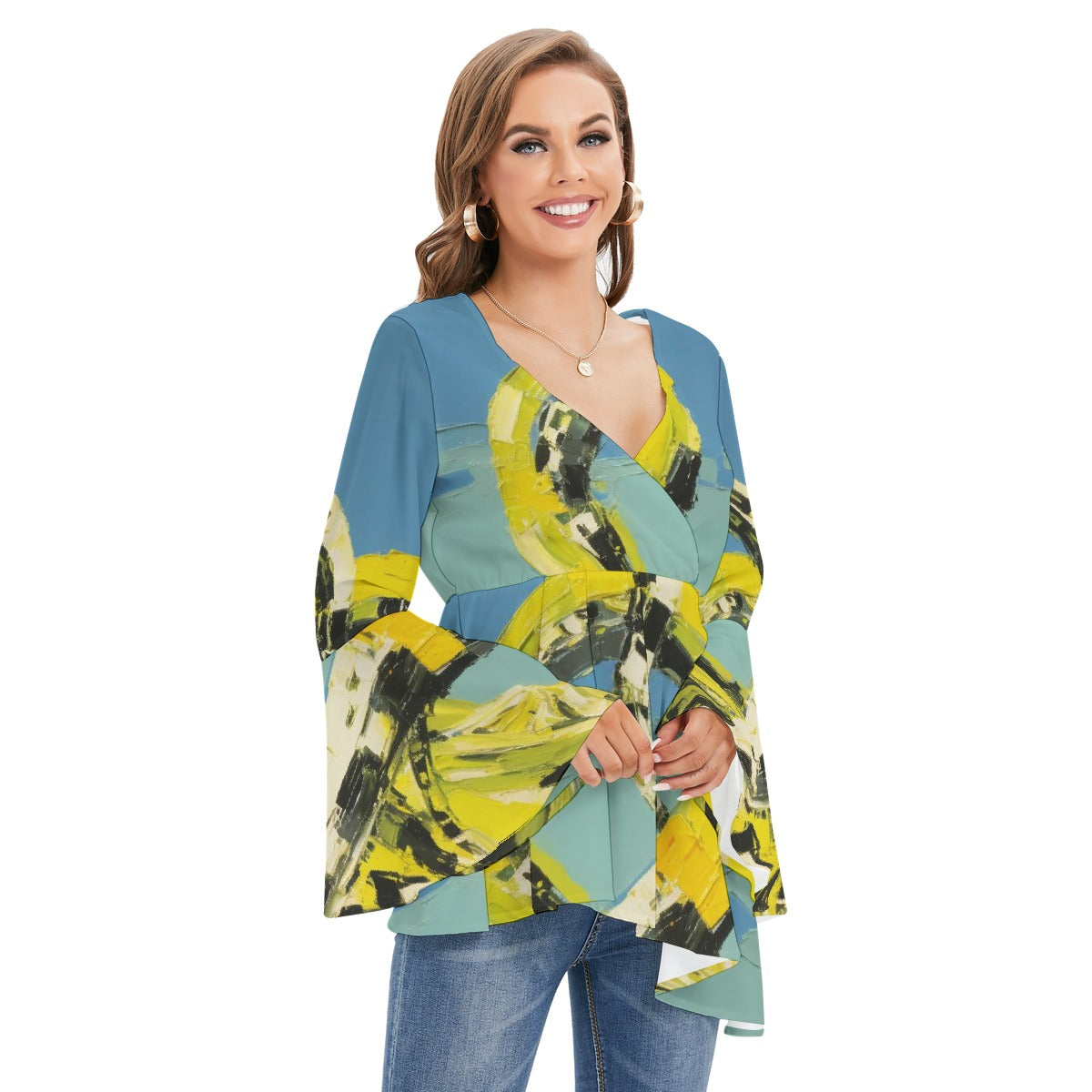 All-Over Print Women's V-neck Blouse With Flared Sleeves