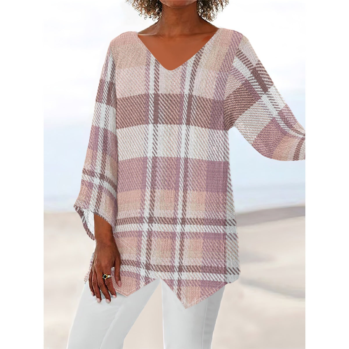 All-Over Print Women's V-neck T-shirt With Irregular Hem