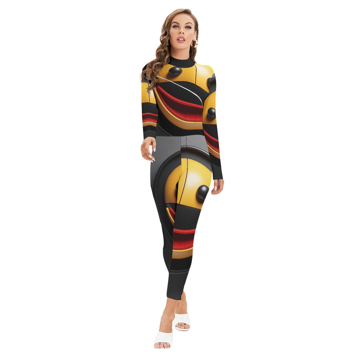 All-Over Print Women's Long-sleeved High-neck Jumpsuit With Zipper