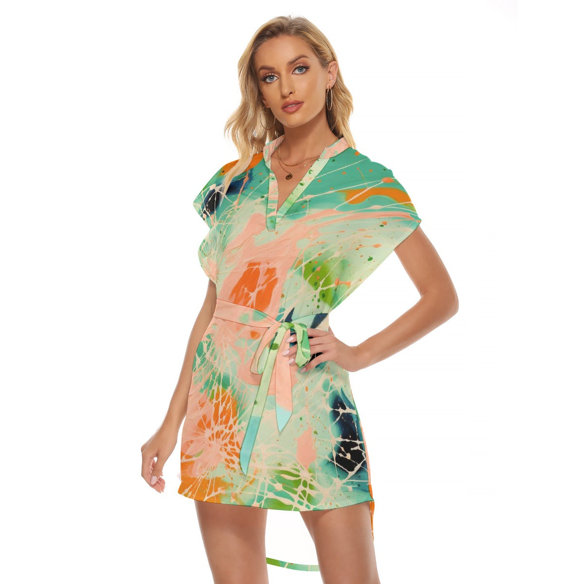 All-Over Print Women's Stand-up Collar Casual Dress With Belt