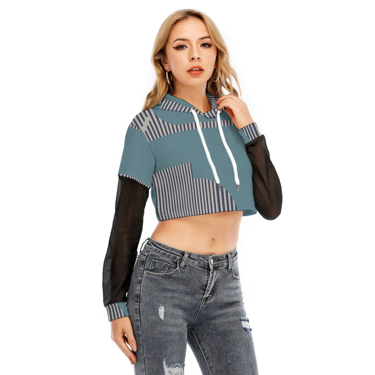 All-Over Print Women's Fake Two-piece Mesh Sleeve Cropped Hoodie