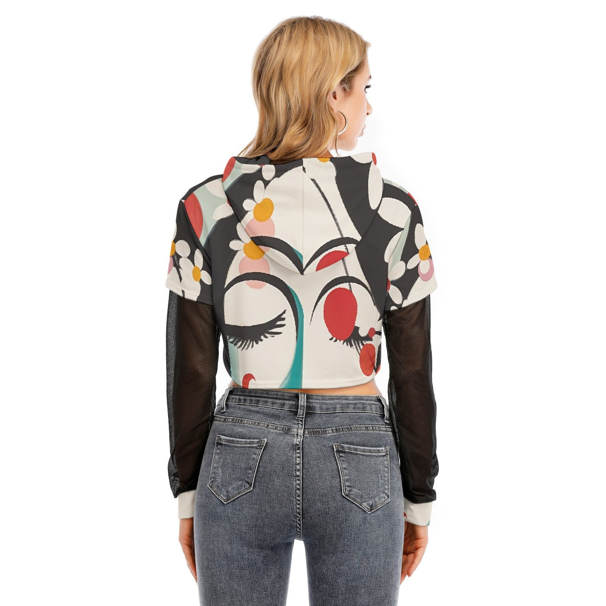 All-Over Print Women's Fake Two-piece Mesh Sleeve Cropped Hoodie