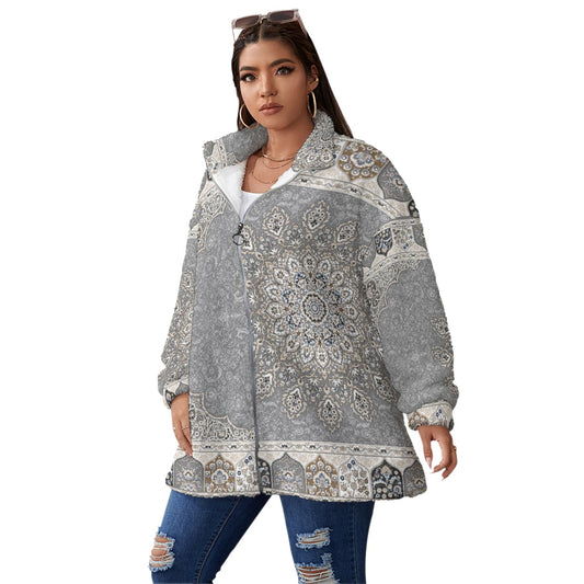 All-Over Print Unisex Borg Fleece Stand-up Collar Coat With Zipper Closure(Plus Size)