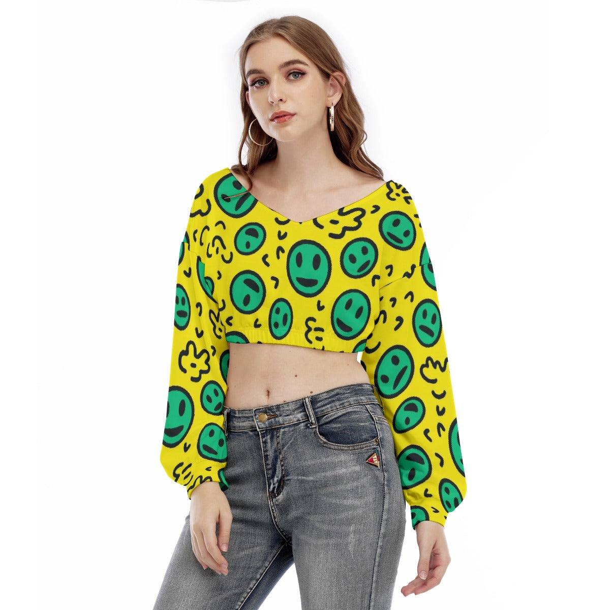 All-Over Print Women's V-neck Long Sleeve Cropped Sweatshirt