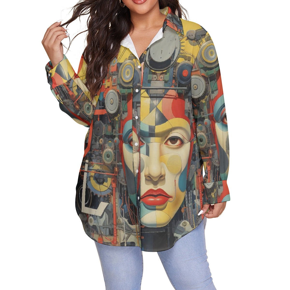 All-Over Print Women's Shirt With Long Sleeve(Plus Size)