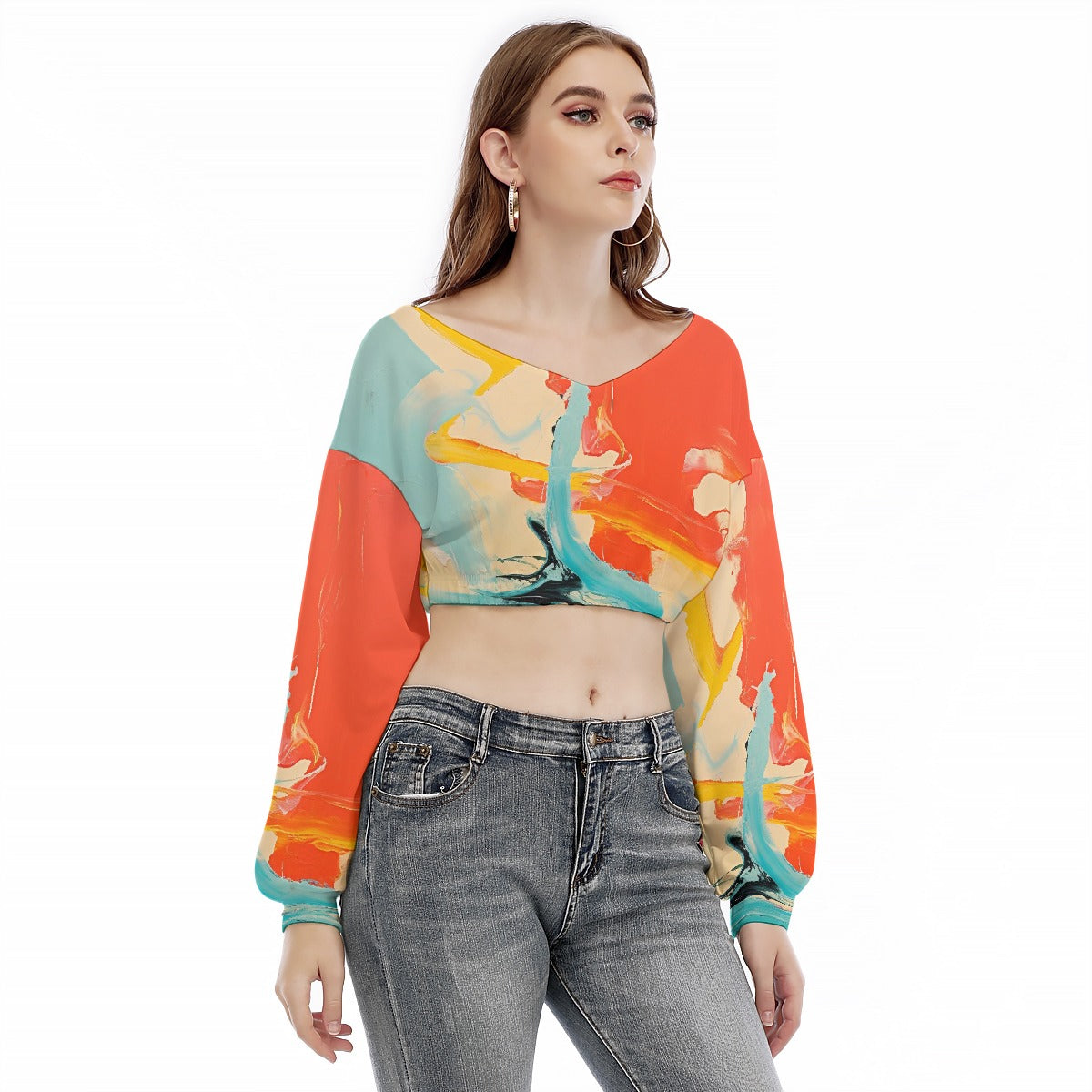 All-Over Print Women's V-neck Long Sleeve Cropped Sweatshirt