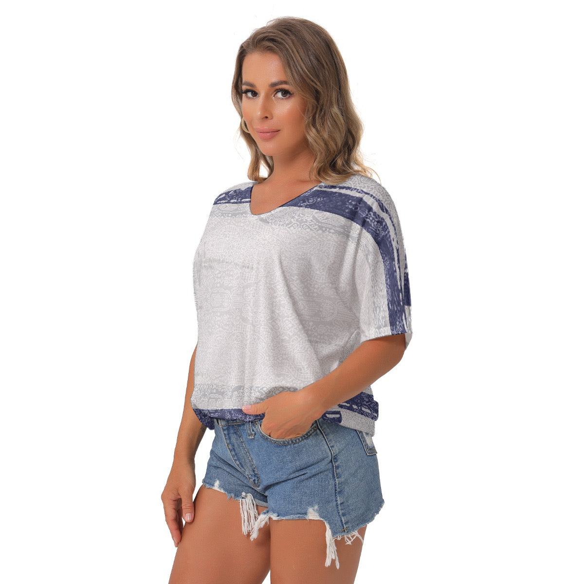 All-Over Print Women's Bat Sleeves V-Neck Blouse