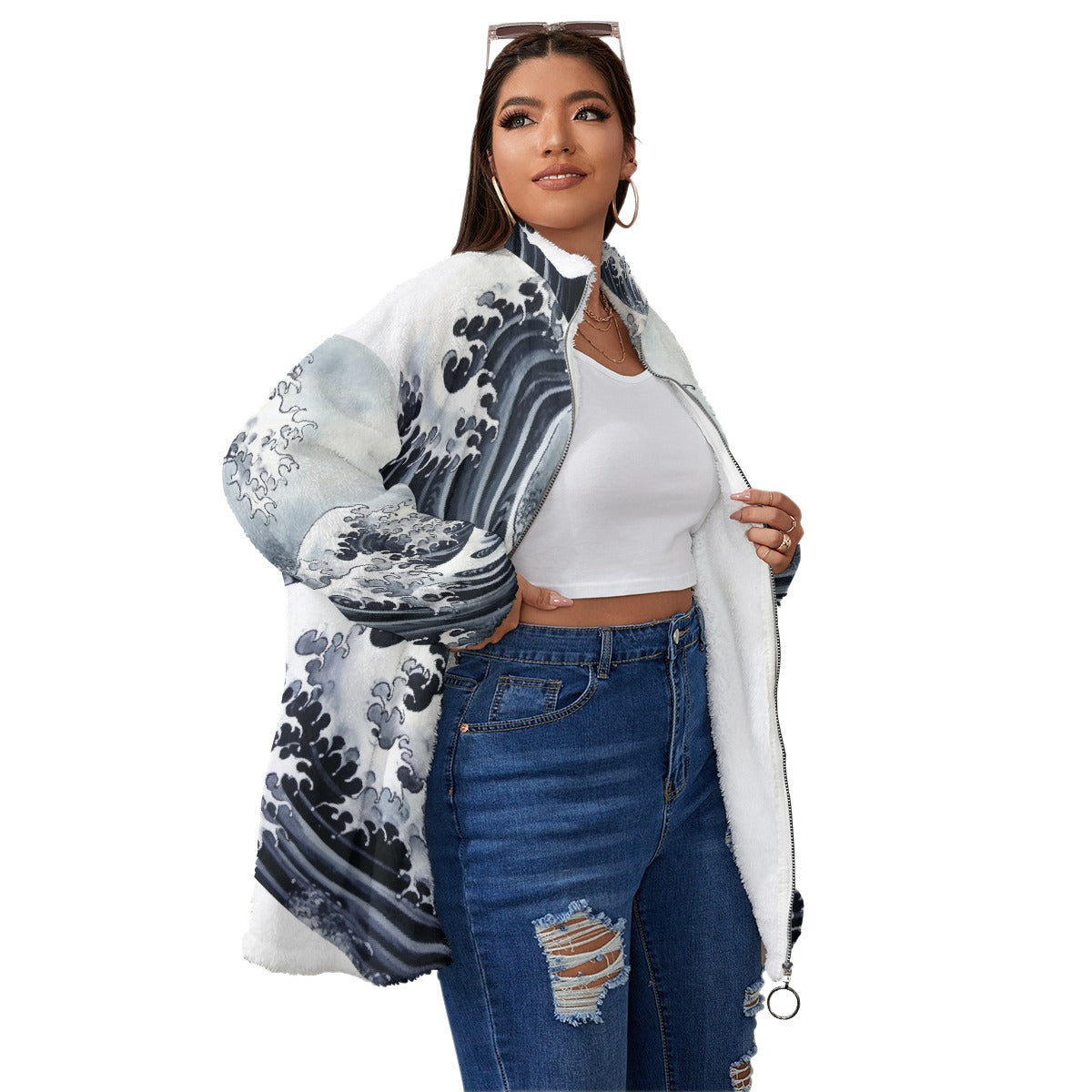 All-Over Print Unisex Borg Fleece Stand-up Collar Coat With Zipper Closure(Plus Size)