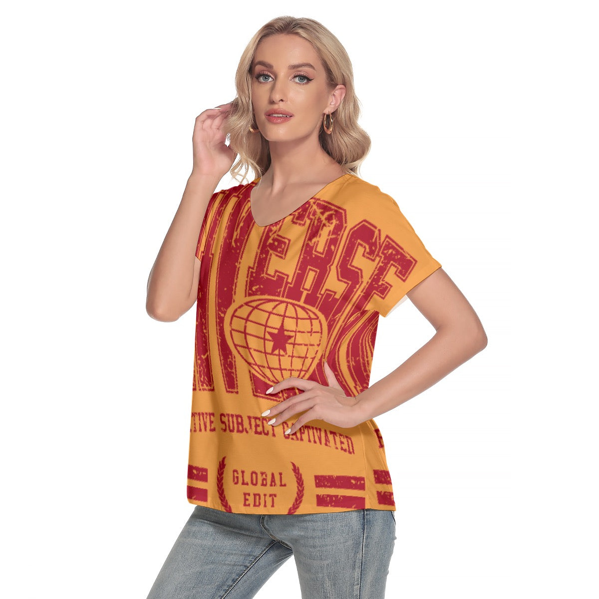 All-Over Print Women's Loose V-neck Short Sleeve T-shirt