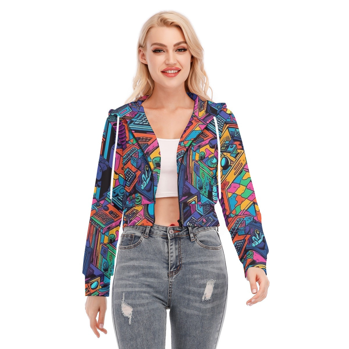 All-Over Print Women's Crop Top Hoodie With Zipper Closure
