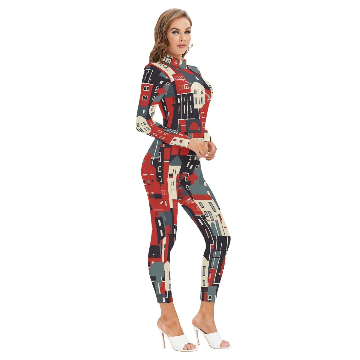 All-Over Print Women's Long-sleeved High-neck Jumpsuit With Zipper
