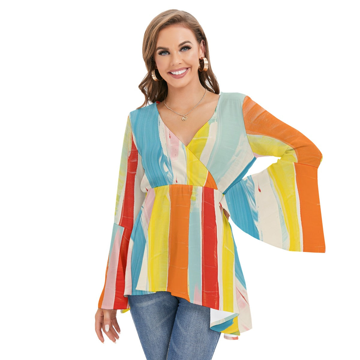 All-Over Print Women's V-neck Blouse With Flared Sleeves