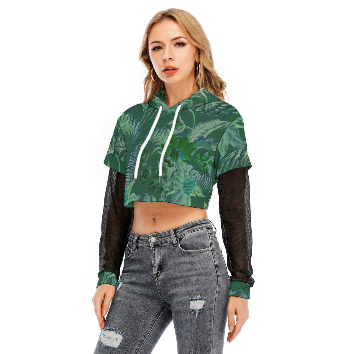 All-Over Print Women's Fake Two-piece Mesh Sleeve Cropped Hoodie