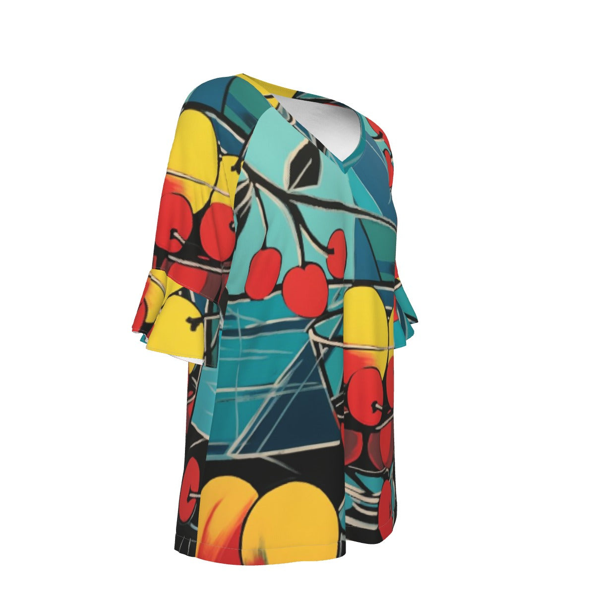 All-Over Print V-neck Women's T-shirt With Bell Sleeve