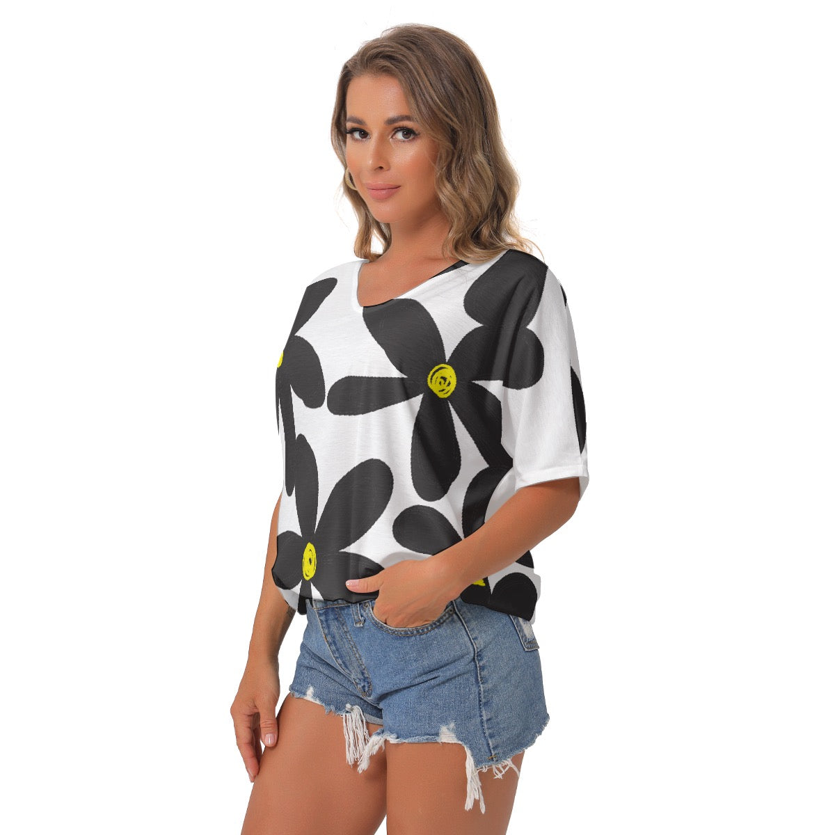 All-Over Print Women's Bat Sleeves V-Neck Blouse