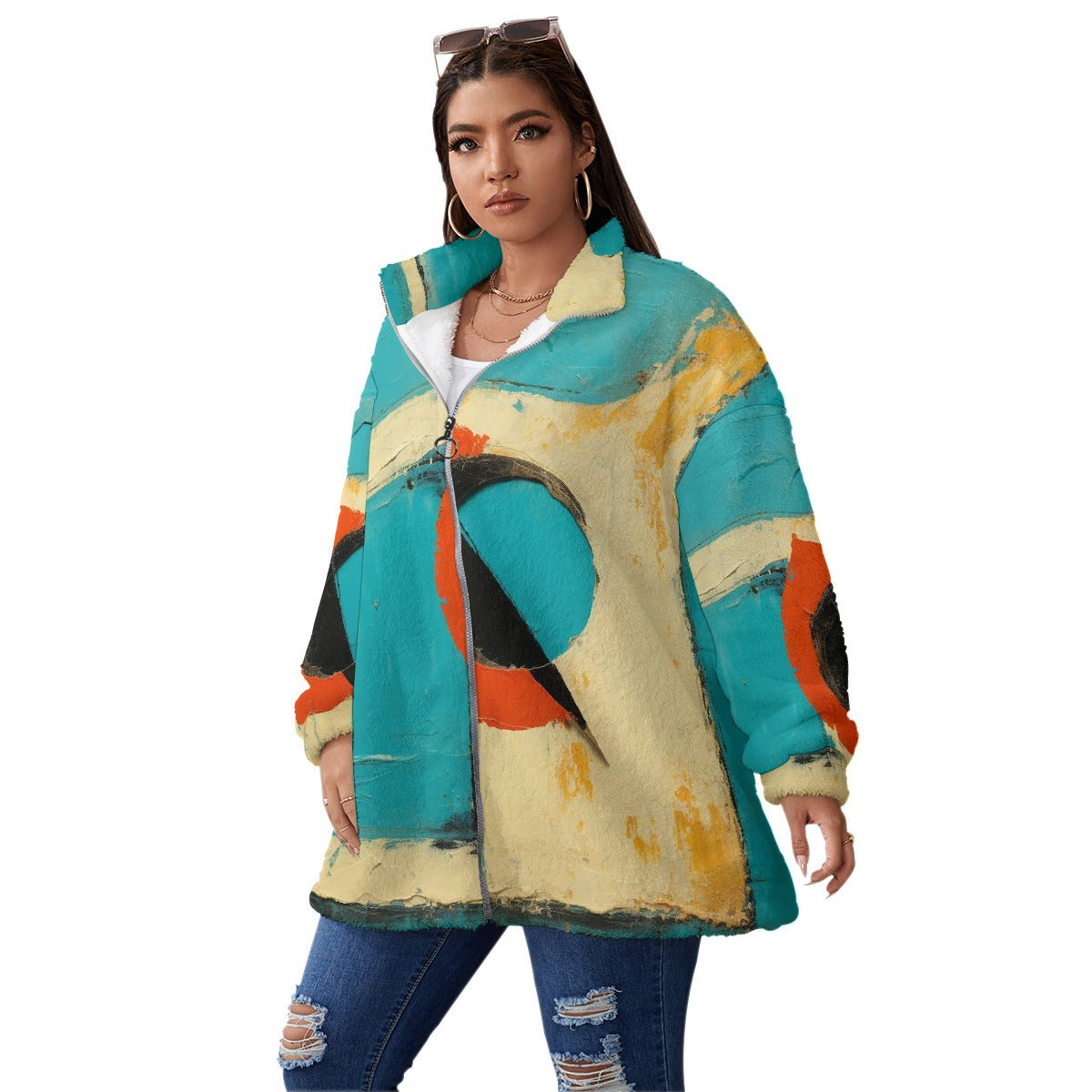 All-Over Print Unisex Borg Fleece Stand-up Collar Coat With Zipper Closure(Plus Size)