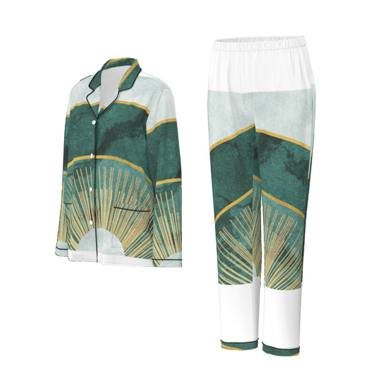 All-Over Print Women's Long Sleeve Pajama Set With Black Contrast Piping