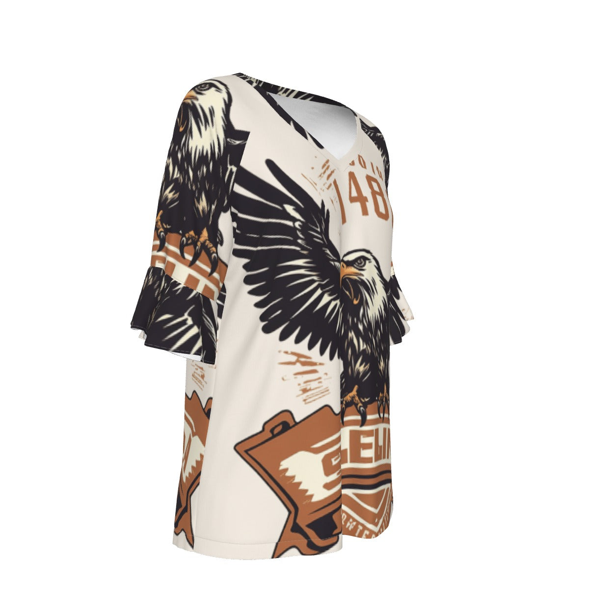 All-Over Print V-neck Women's T-shirt With Bell Sleeve