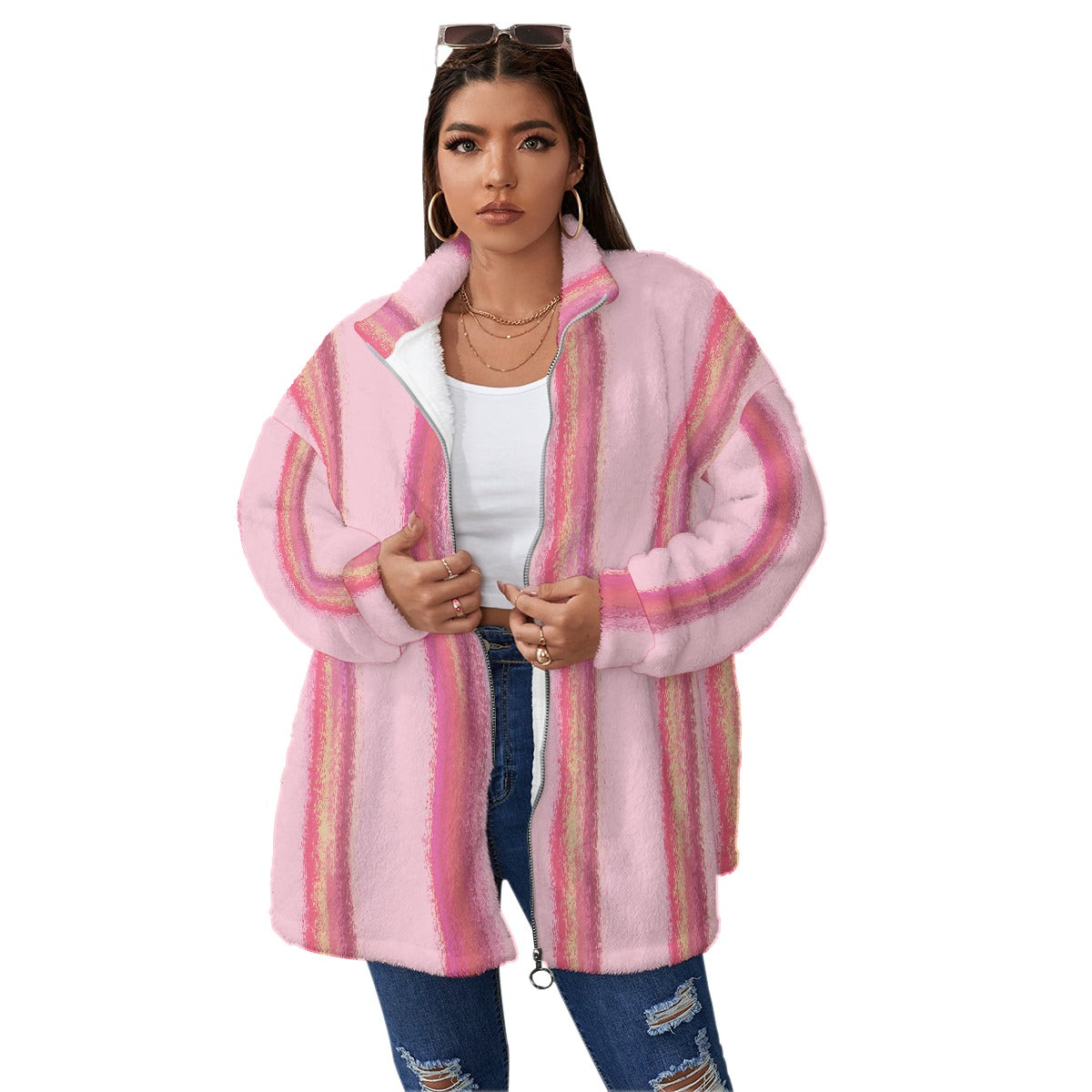 All-Over Print Unisex Borg Fleece Stand-up Collar Coat With Zipper Closure(Plus Size)