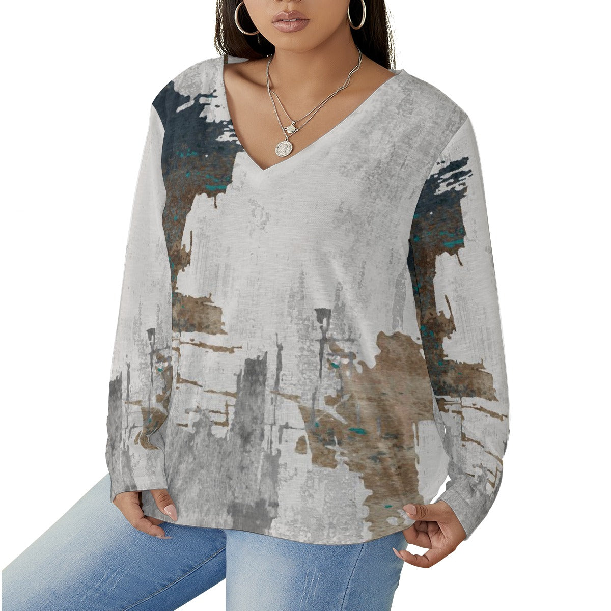 All-Over Print Women's V-neck T-shirt With Curved Hem(Plus Size)