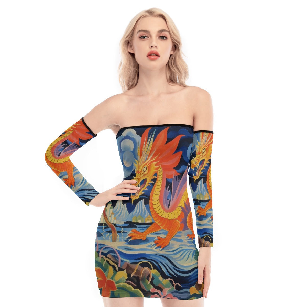 All-Over Print Women's Off-shoulder Back Lace-up Dress