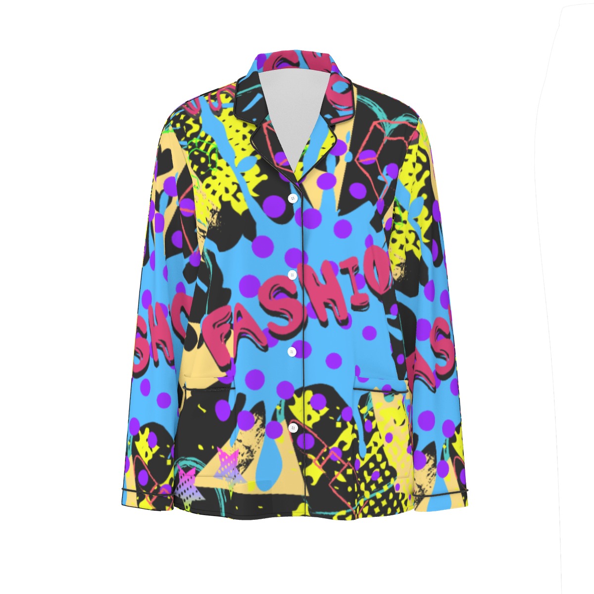 All-Over Print Women's Long Sleeve Pajama Set With Black Contrast Piping