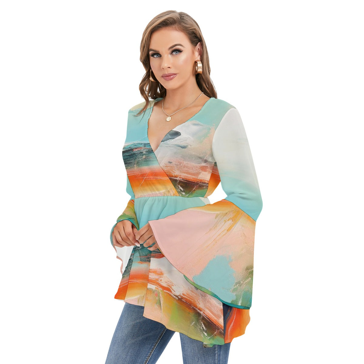 All-Over Print Women's V-neck Blouse With Flared Sleeves