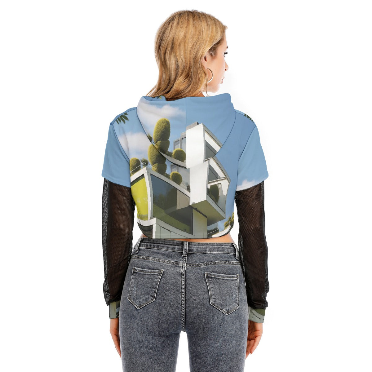 All-Over Print Women's Fake Two-piece Mesh Sleeve Cropped Hoodie