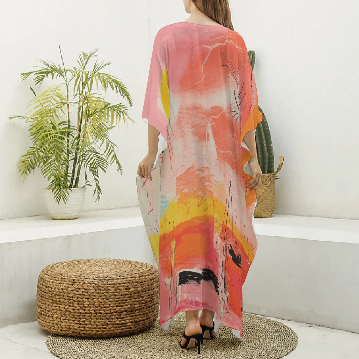All-Over Print Women's Imitation Silk V-neck Kaftan Robe