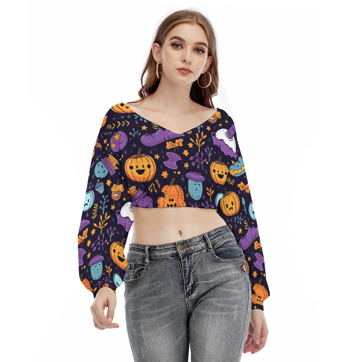 All-Over Print Women's V-neck Long Sleeve Cropped Sweatshirt