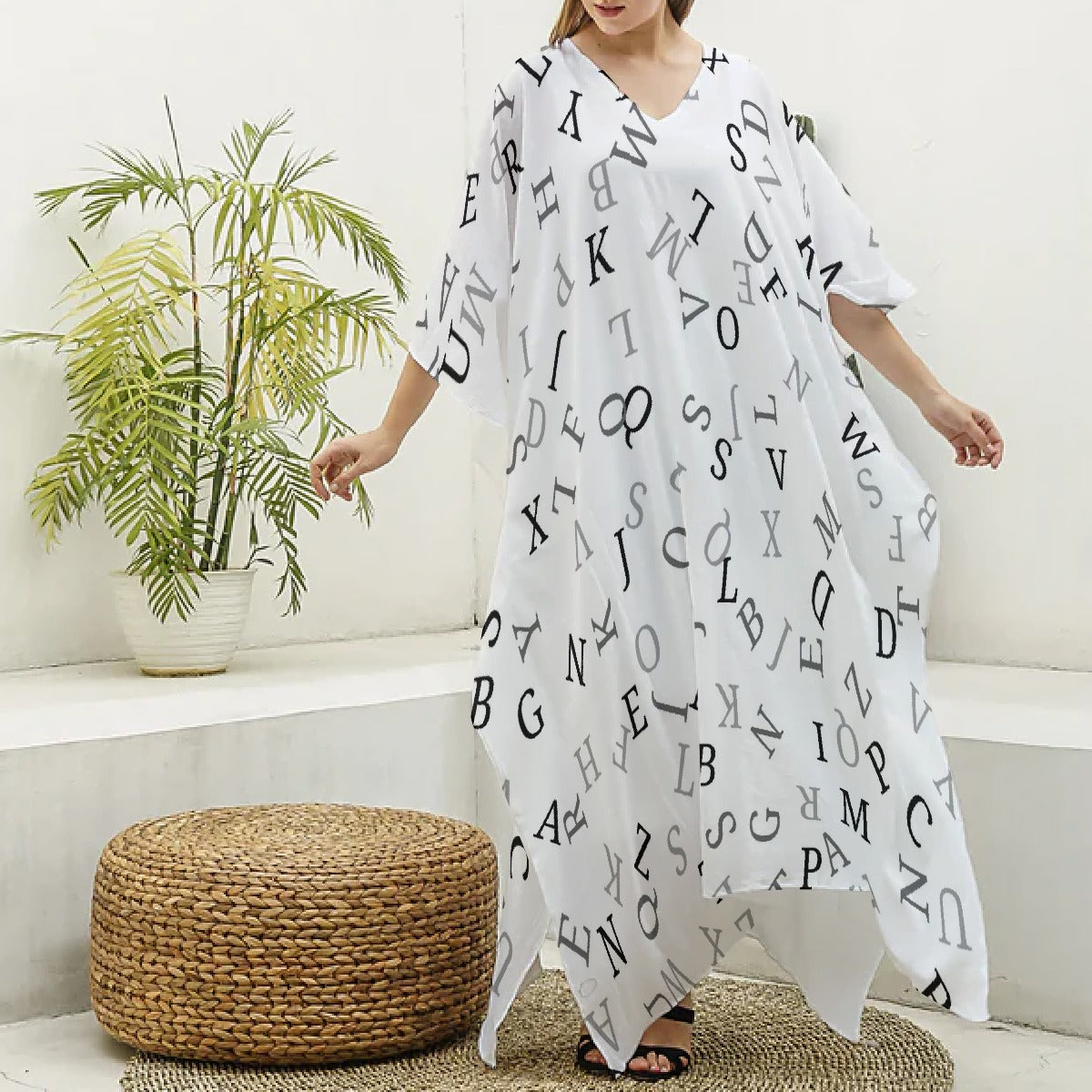 All-Over Print Women's Imitation Silk V-neck Kaftan Robe