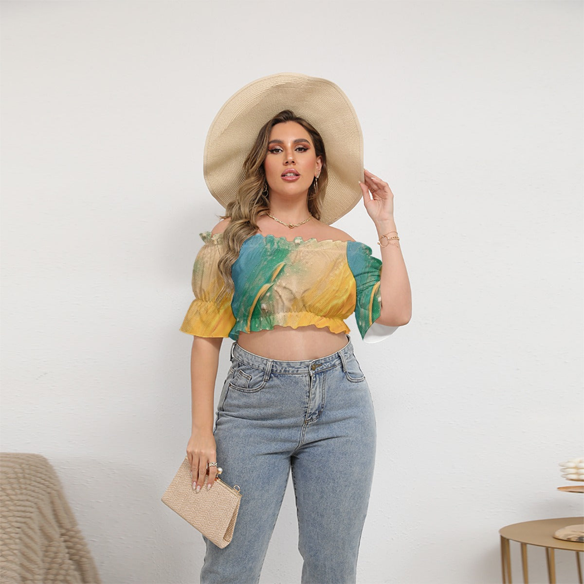 All-Over Print Women's Off-shoulder Cropped Top With Short Puff Sleeve