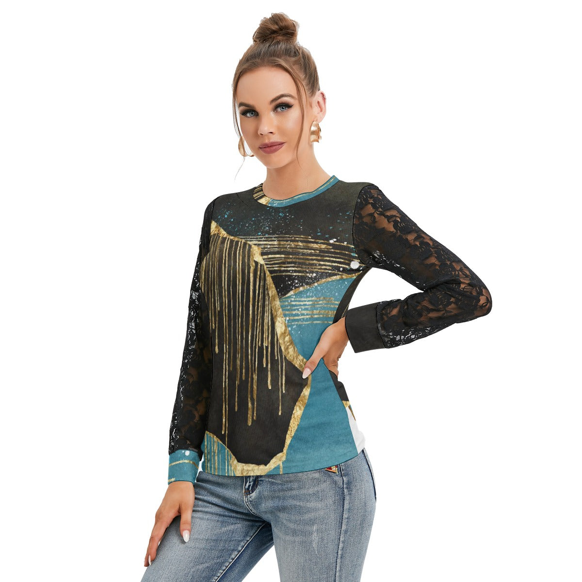 All-Over Print Women's T-shirt And Sleeve With Black Lace